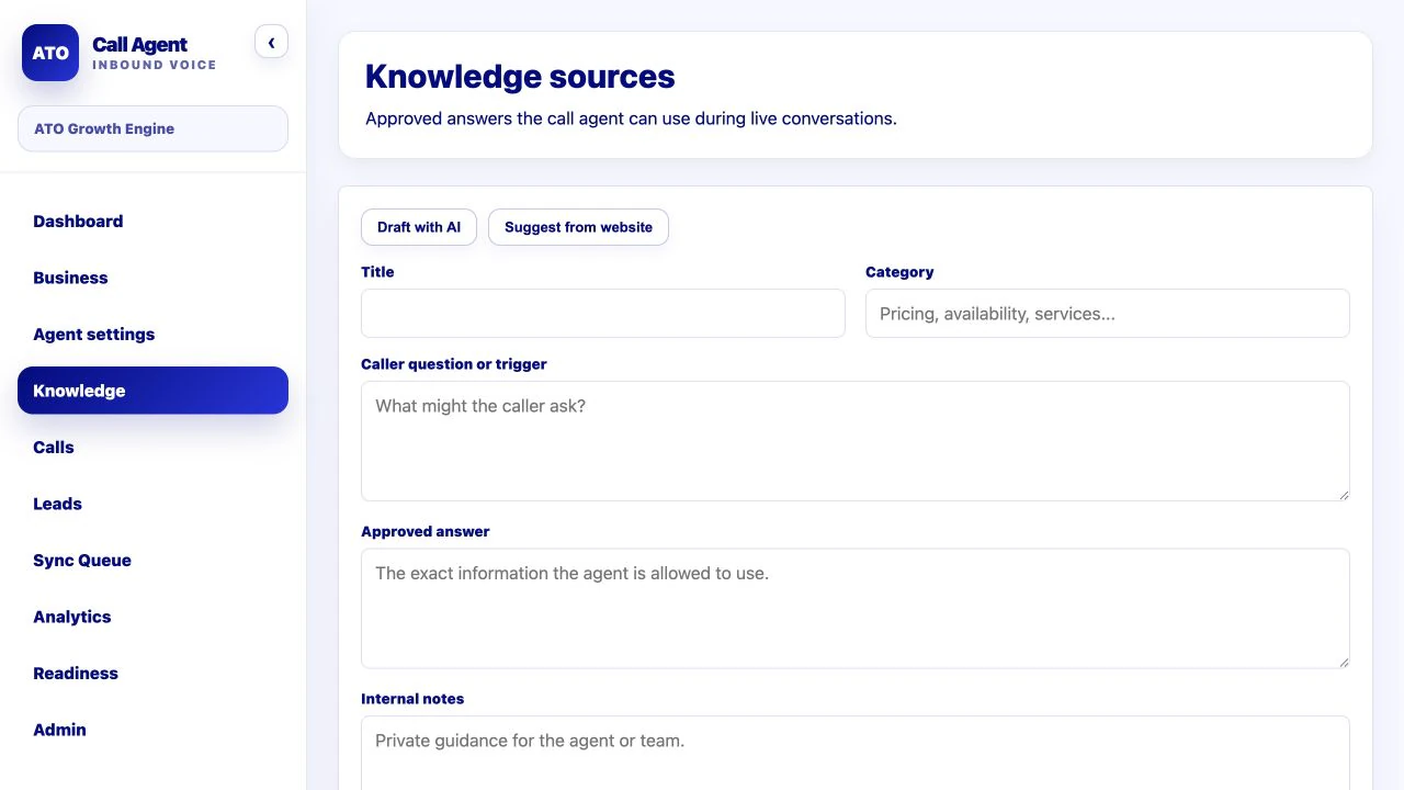 Complete Call Agent knowledge interface showing approved source material used to govern AI conversations.
