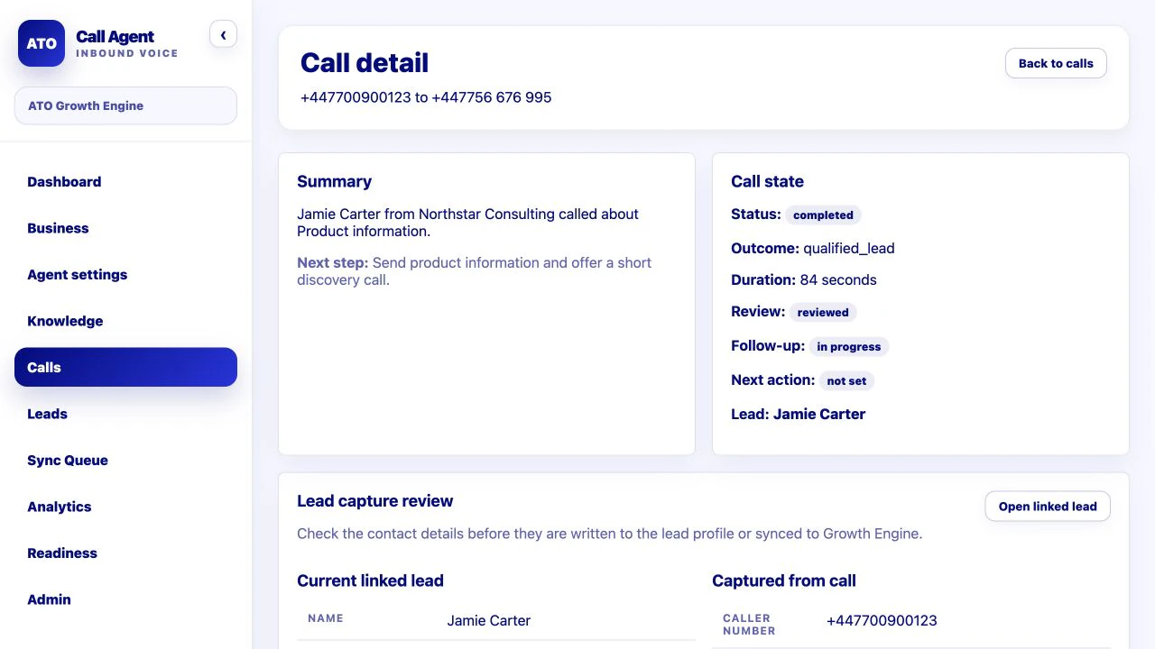 Call Agent review detail showing captured call information, lead comparison and follow-up controls.