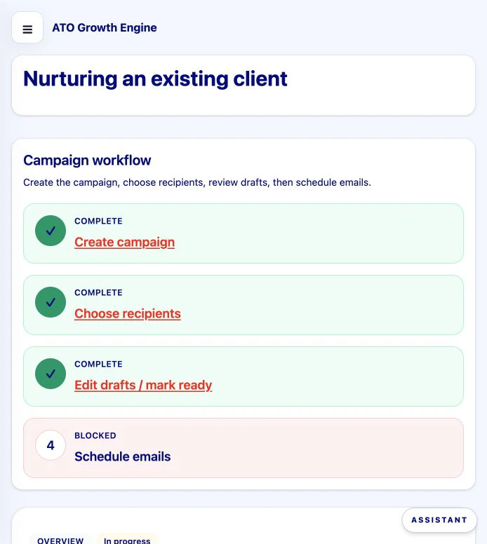 Growth Engine campaign workflow showing completed creation, recipient and draft stages followed by controlled email scheduling.