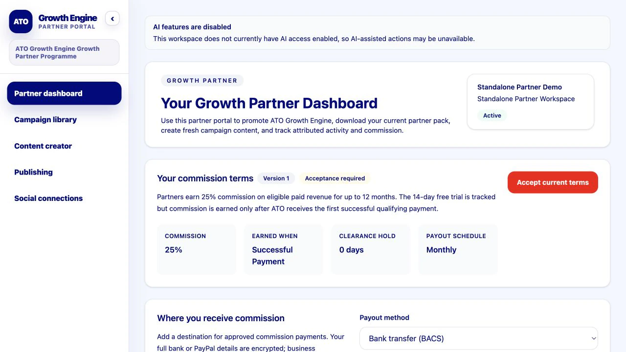 Complete Growth Network partner dashboard showing programme terms, commission rules and payout operations.